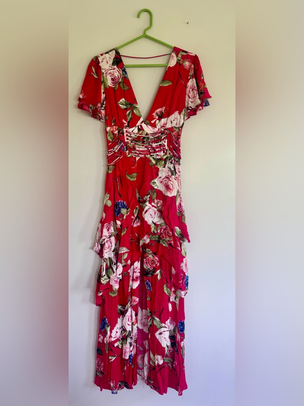 AFRM Red Flutter Sleeve V-Neck Floral Maxi Dress